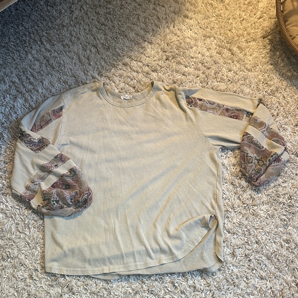Beige Long Sleeve Top with Patterned Sleeves